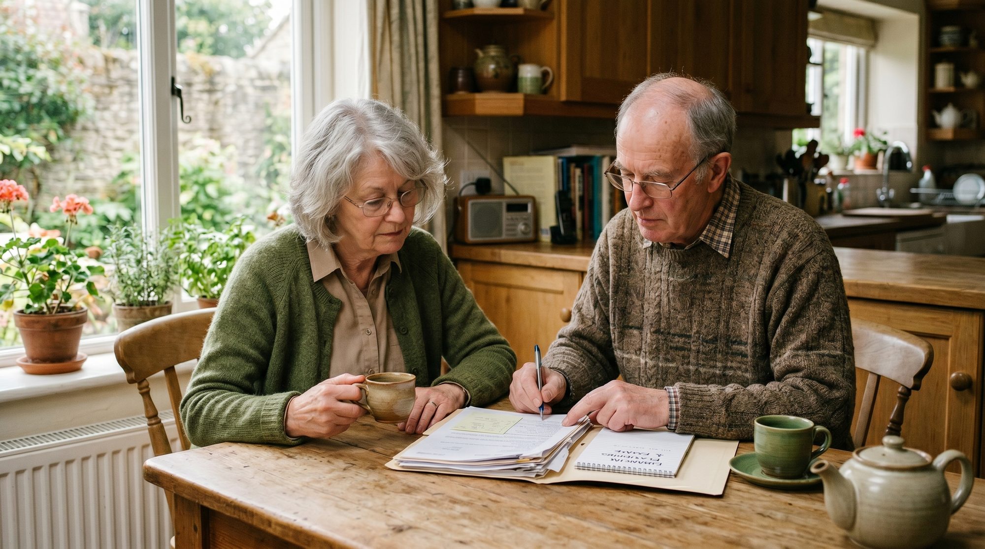 An older couple at a kitchen table reviewing a folder together over tea