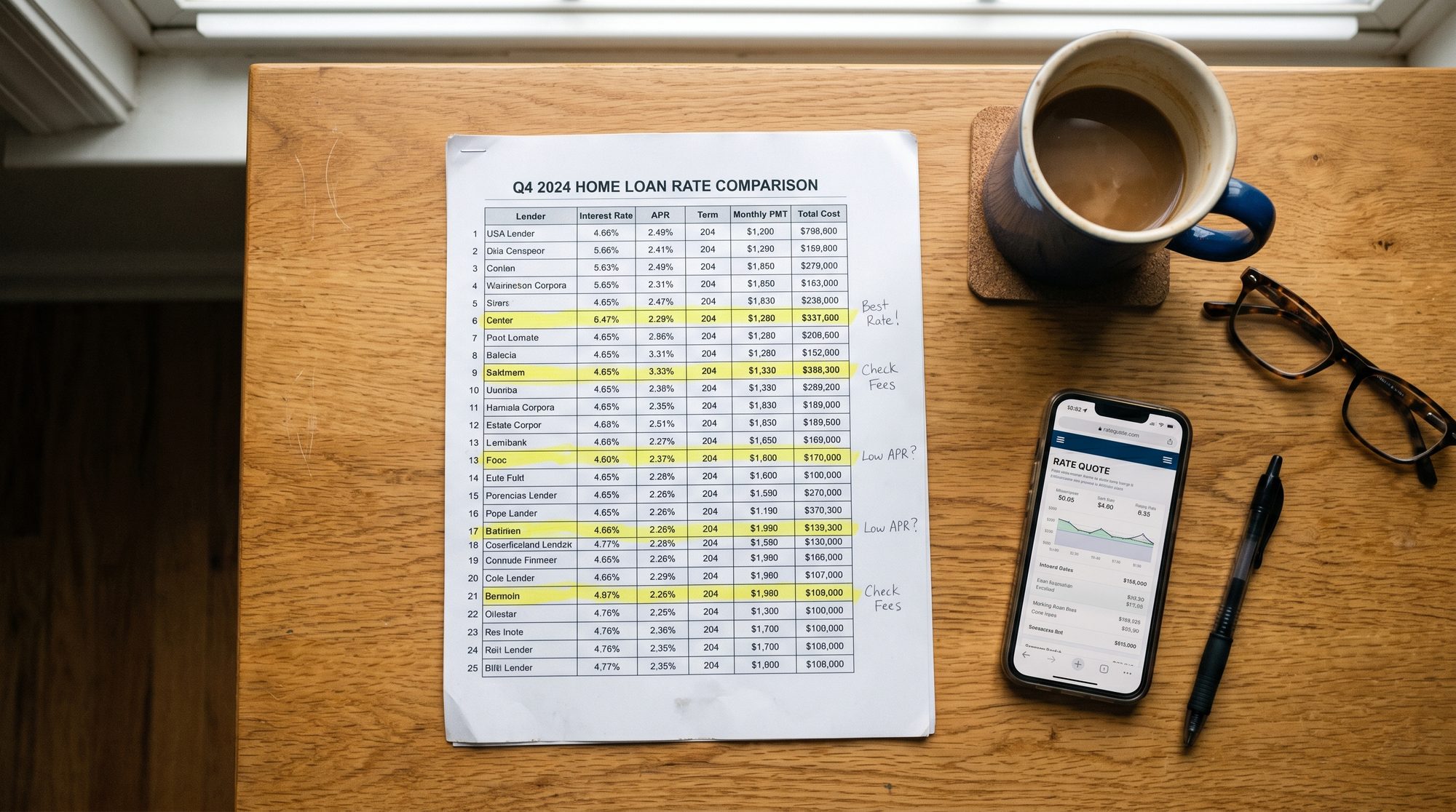 A printed MYGA rate comparison spreadsheet with several rows highlighted