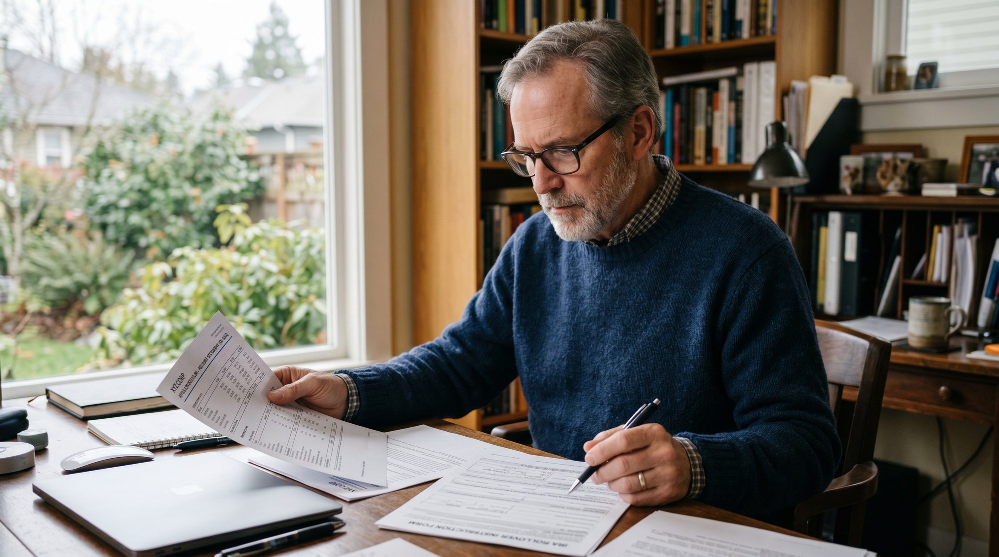 A 64-year-old man at his home desk reviewing a 401k statement and rollover form