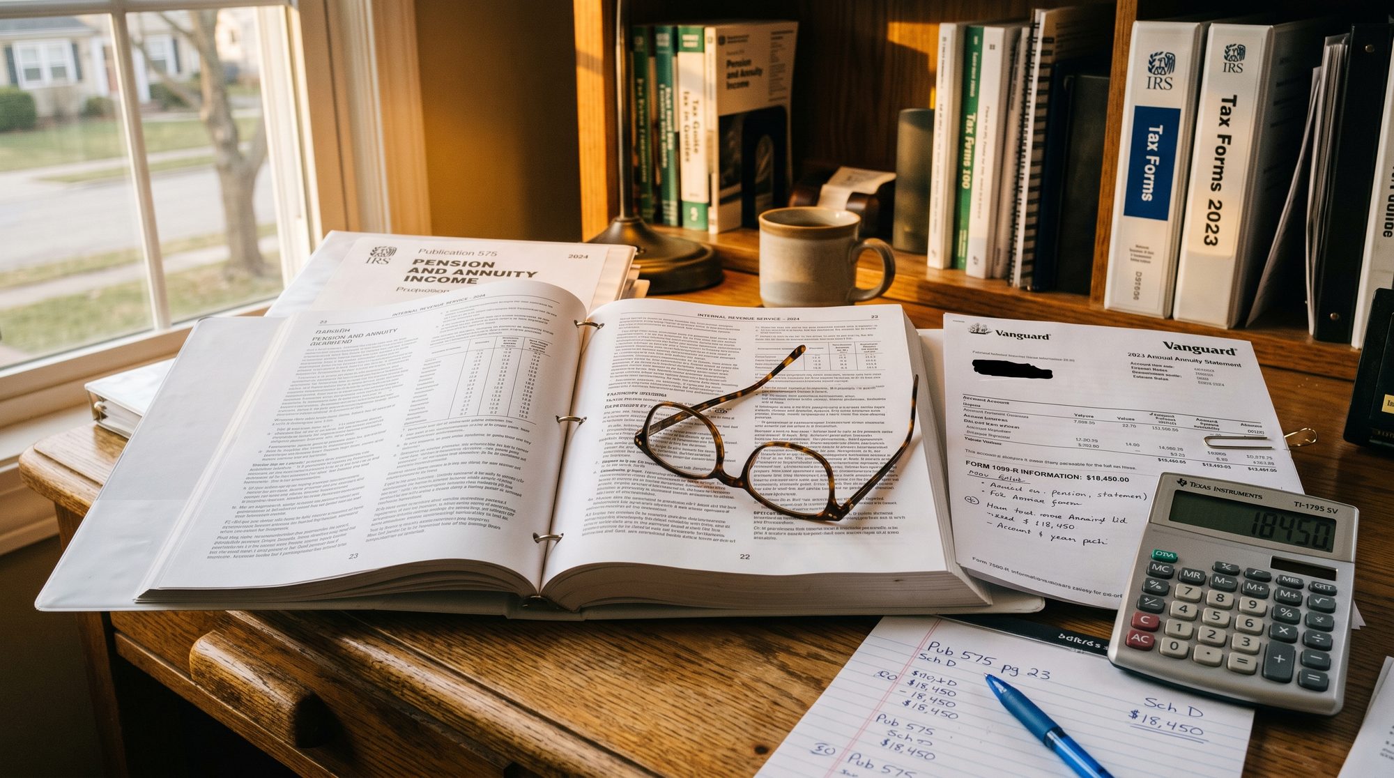 An open IRS publication binder beside an annuity statement and calculator