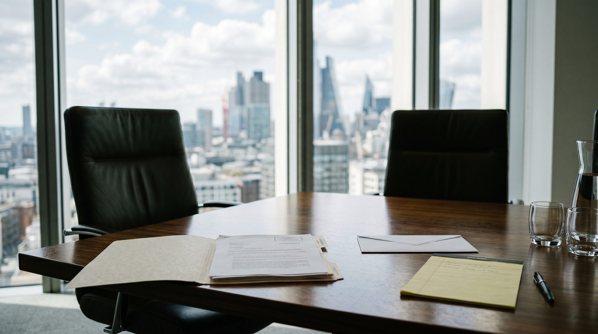 A small private office with two chairs facing each other, an open folder, and a legal pad